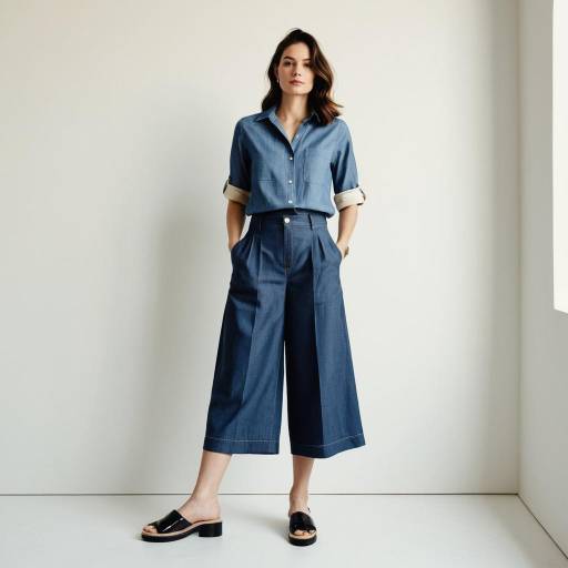 Woman in Blue Chambray Shirt and Denim Culottes