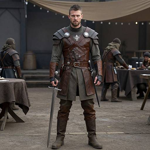 Photograph of a bearded, muscular man in medieval armor with a brown leather tunic, standing with a sword, in a rustic, tented
