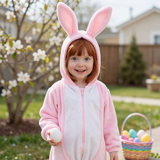 Photograph of a smiling young girl with red hair in a pink bunny hooded jacket, holding a white egg, standing in a sunny backyard with a