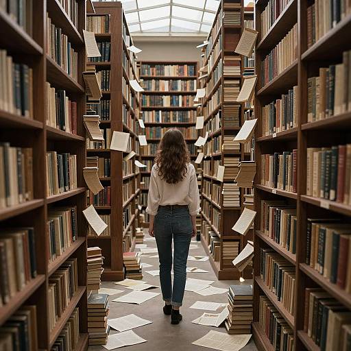 Photograph of a woman with wavy brown hair, wearing a white blouse and blue jeans, walking down a narrow library aisle with floating books and papers
