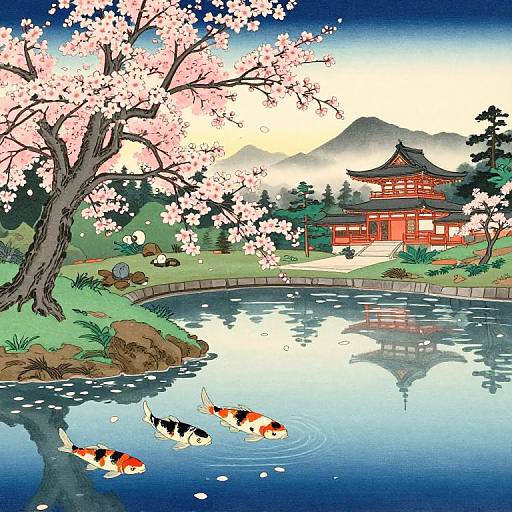 Digital anime-style drawing of a tranquil Japanese garden with cherry blossoms, koi fish in a pond, and a red traditional temple.