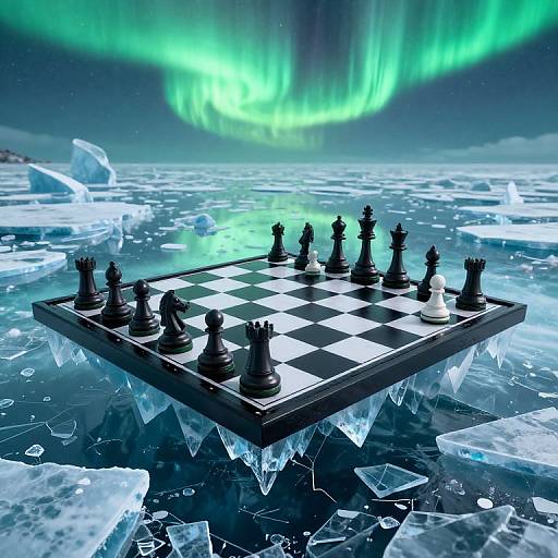 Surreal Floating Chessboard with Aurora