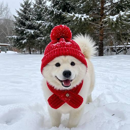 Photograph of a fluffy white Samoyed dog wearing a red knit hat and bowtie, standing in snowy forest with pine trees.