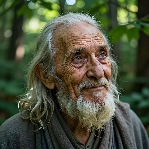 Photograph of an elderly man with a long white beard, blue eyes, and wrinkled skin, wearing a brown cloak, looking upwards in a lush