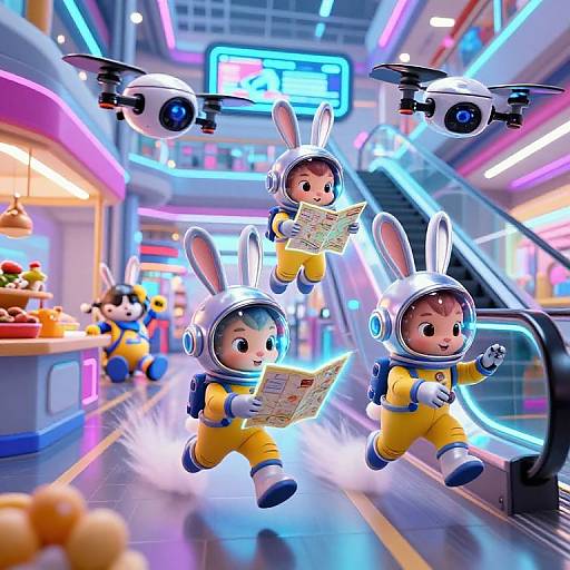 CGI image of three adorable, anime-style children in yellow bunny astronaut suits, reading maps, floating in a neon-lit futuristic mall. Two drones
