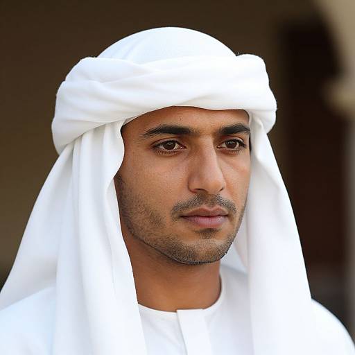 Photograph of a Middle Eastern man with olive skin, dark eyes, and short beard, wearing a white traditional keffiyeh and thawb,