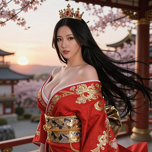 Digital artwork of an elegant East Asian woman with long black hair, wearing a red and gold kimono, crown, and revealing neckline, standing against a