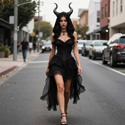 Woman in Black Halloween Costume with Horns Walking on Street