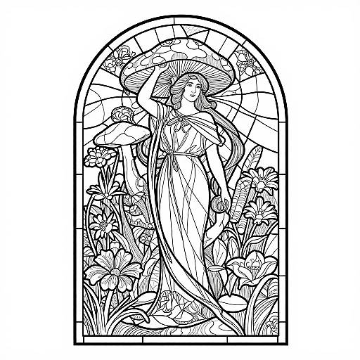 Black-and-white line drawing of a graceful woman in flowing dress surrounded by intricate floral patterns, set in an arched stained glass window.