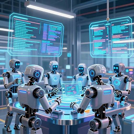 Photograph of six futuristic, white humanoid robots with blue glowing eyes, interacting around a glowing, circular table in a high-tech lab, surrounded by holog