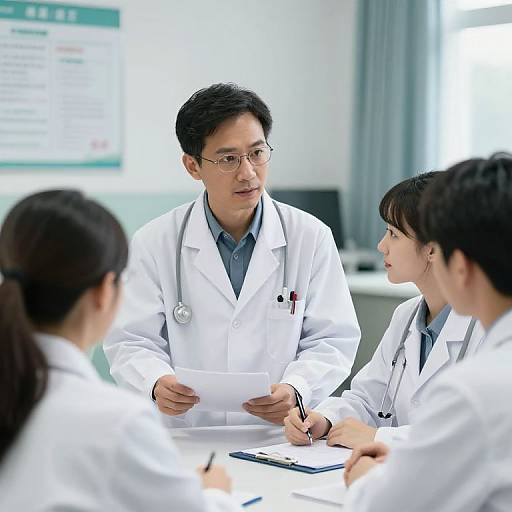Photograph of an Asian male doctor in a white lab coat, glasses, and stethoscope, explaining documents to two Asian female patients in white lab
