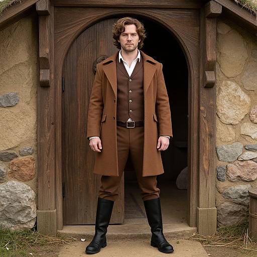 Photograph of a bearded man with curly brown hair, wearing a brown Victorian-style coat, vest, and trousers, standing in front of a wooden