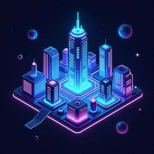Neon-lit futuristic cityscape illustration with glowing blue and purple skyscrapers, illuminated streets, and floating bubbles against a dark background.
