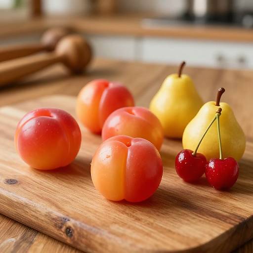 Photograph of vibrant red and yellow peaches, a yellow pear, and two red cherries on a rustic wooden cutting board.