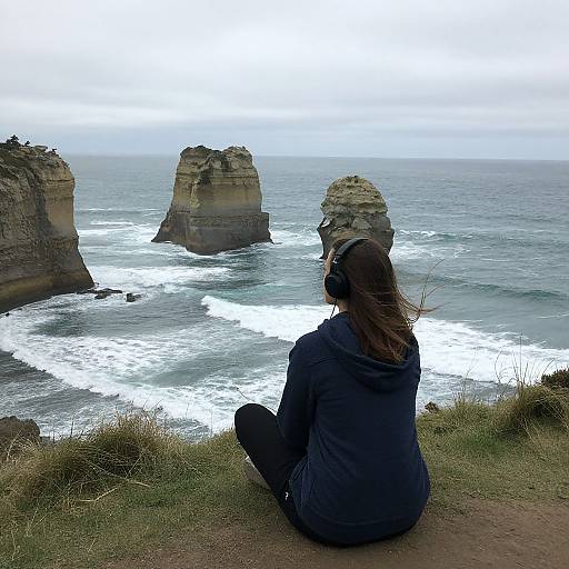 Photograph of a person with long brown hair, wearing a black hoodie and headphones, sitting on a grassy cliff, overlooking two towering coastal rock formations