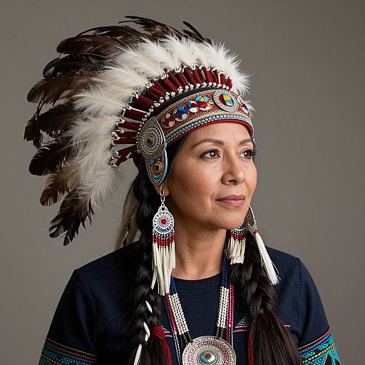 Photograph of a Native American woman with dark skin, wearing a detailed feathered headdress, black shirt, and intricate jewelry, set against a gray