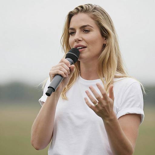 Blonde Woman Speaking with Microphone