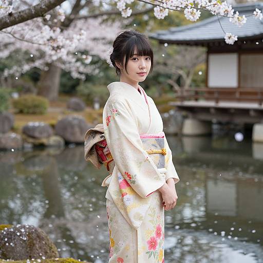 Photograph of a Japanese woman in a white floral kimono, standing in a serene cherry blossom garden near a traditional wooden pavilion by a reflective pond