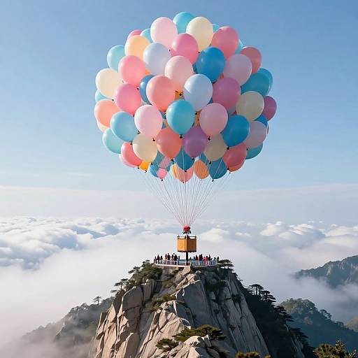 Colorful hot air balloon cluster with pink, blue, and white balloons soaring above a rocky mountain peak, surrounded by clouds.