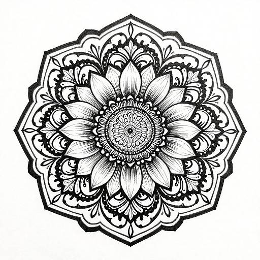 Black and white intricate mandala-style drawing featuring a central sunflower-like flower with detailed petals and ornate, symmetrical patterns.