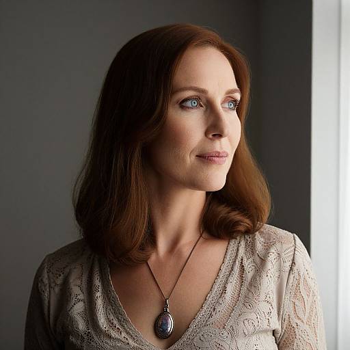Photograph of a fair-skinned woman with blue eyes and shoulder-length brown hair, wearing a lace v-neck shirt and dark pendant, gazing thought