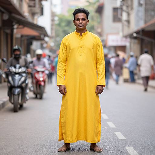 Photograph of a South Asian man in a bright yellow traditional long kurta standing on a busy urban street with blurred motorcycles and pedestrians in the background.