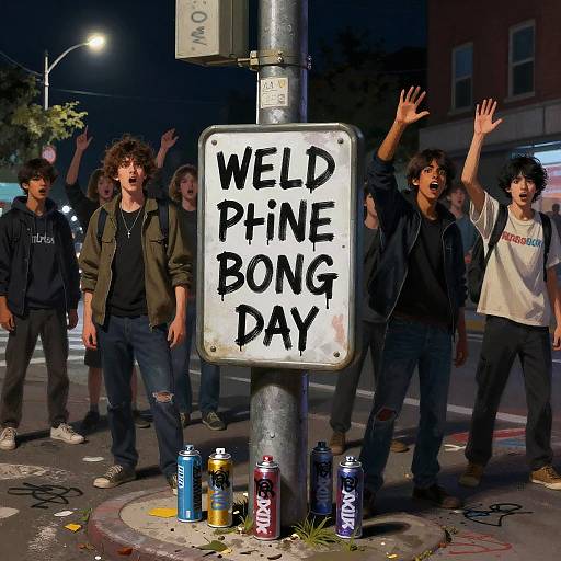Nighttime photograph of diverse young men with raised arms, standing around a street sign reading 