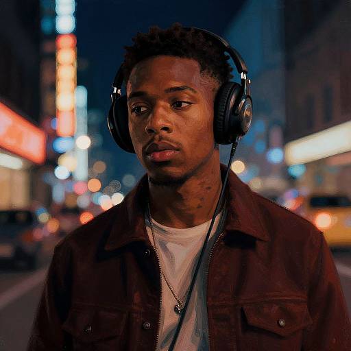 Photograph of a young Black man with short curly hair, wearing a brown jacket, white t-shirt, and headphones, standing on a neon-lit