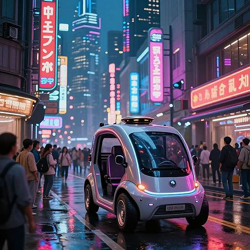 Photograph of a futuristic, glowing white autonomous car navigating a neon-lit, rainy city street in Tokyo, surrounded by bustling pedestrians.