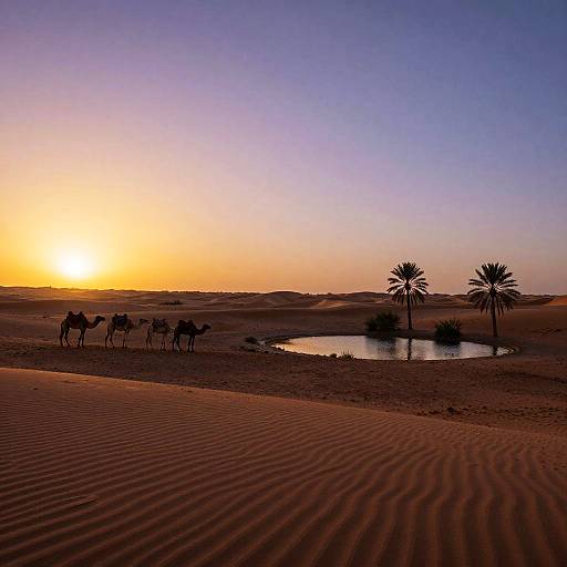Photograph of a desert sunset with silhouetted camels, rippled sand, palm trees, and a small oasis pool under a gradient blue