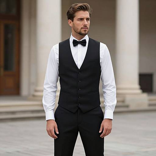 Photograph of a handsome, bearded man with styled brown hair, wearing a black vest, white shirt, and black bow tie, standing in front