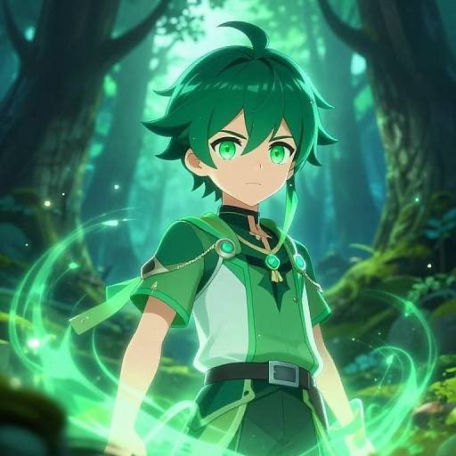 Anime-style drawing of a green-haired, green-eyed boy in a forest, wearing a green and white outfit, with glowing green magical energy swirling around his