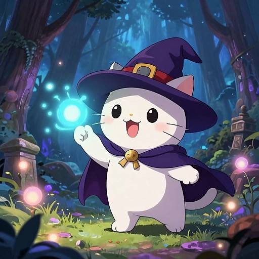 Adorable white cat in a witch hat and cape, casting a blue magical spell in a glowing, enchanted forest. Digital anime-style artwork.