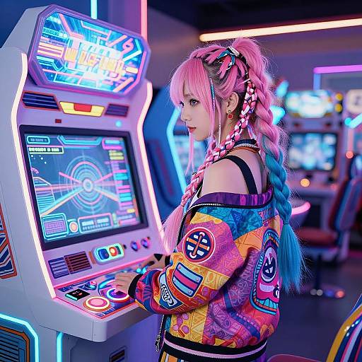 Vibrant photograph of a pink-haired woman with braided hair, wearing a colorful, patterned jacket, playing a neon-lit arcade game.