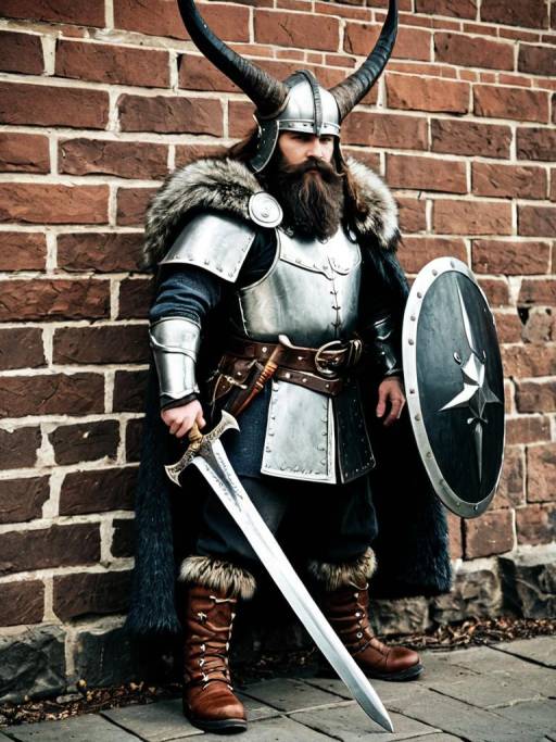 Man in Viking-inspired Armor with Sword and Shield