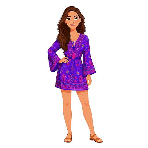Digital illustration of a smiling woman with long brown hair, wearing a purple, patterned, long-sleeve dress and brown sandals, standing against a