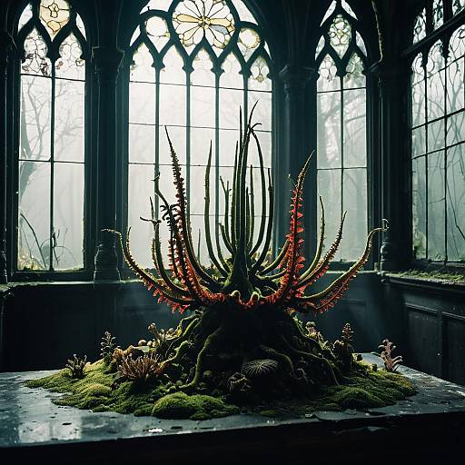 Surreal Moss-Covered Coral in Victorian Conservatory