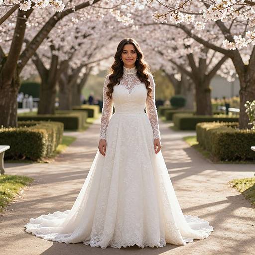 Photograph of a long-haired, brown-eyed bride in a white lace wedding dress standing on a sunlit, cherry blossom-lined pathway.
