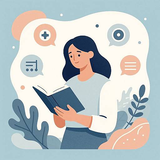 Digital illustration of a woman with blue hair, wearing a white long-sleeve shirt and dark blue skirt, reading a book, surrounded by abstract icons