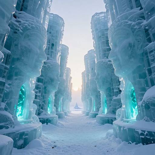 Surreal Ice Corridor with Glowing Portals