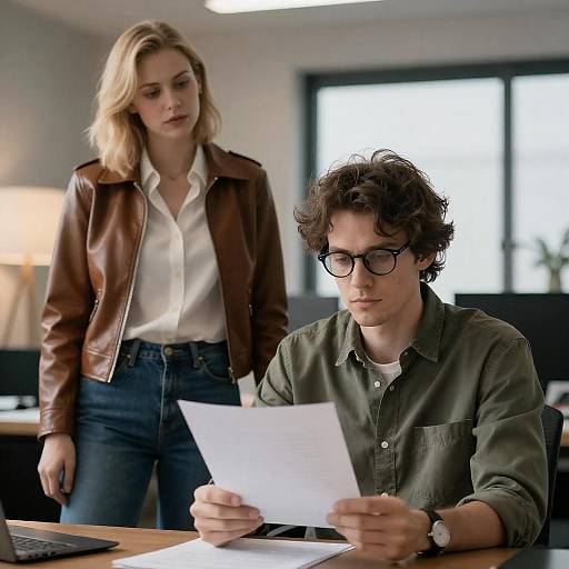 Two Professionals Reviewing Documents in Office