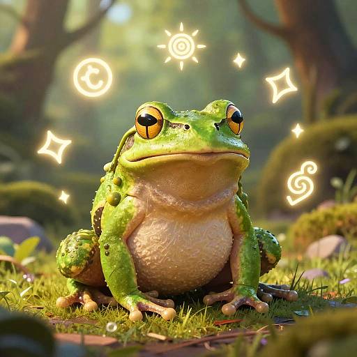 Digital art of a green frog with large, glowing eyes and whimsical swirls in a sunlit, enchanted forest.