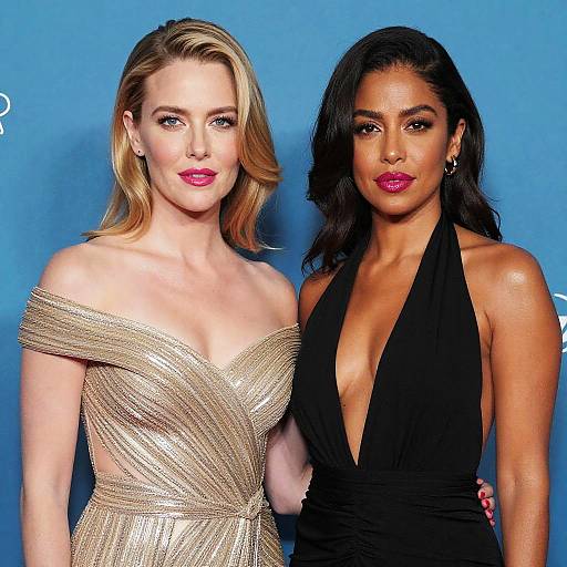 Photograph of two women in glamorous evening gowns: left, fair-skinned blonde in sparkly off-shoulder gown; right, dark-sk