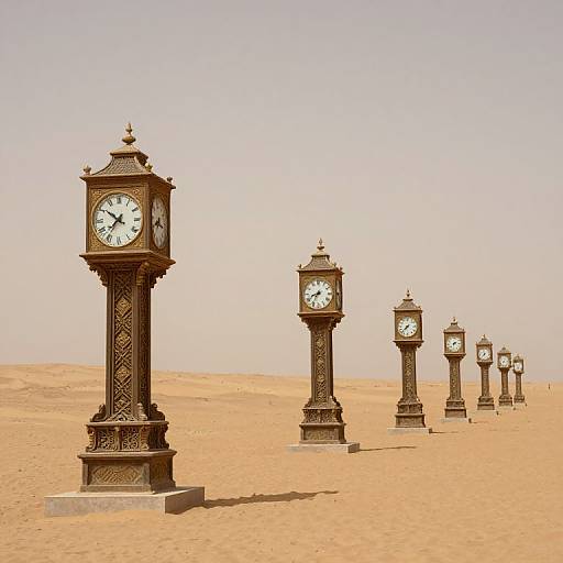 Photograph of ornate, Victorian-style clock towers lined up in a row on a sandy desert, under a clear, pale blue sky.