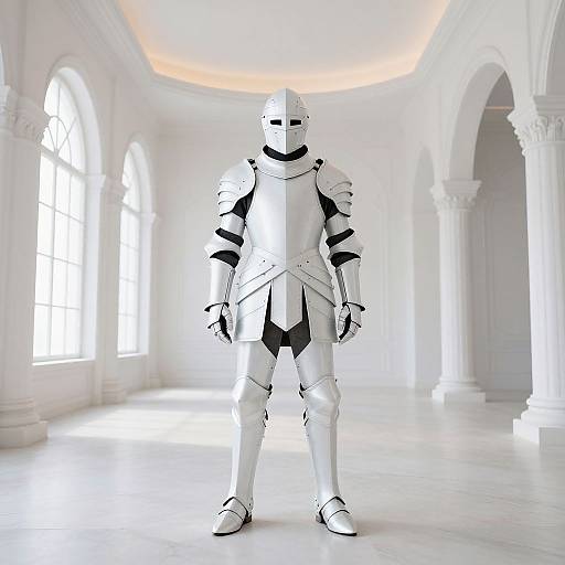 Photograph of a white, medieval-style armored knight standing in a bright, white-walled, arched-window room with soft orange ceiling lighting.