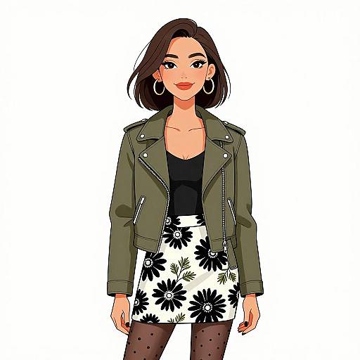 Digital illustration of a confident woman with short brown hair, green jacket, black top, white floral skirt, black tights, and large hoop earrings.
