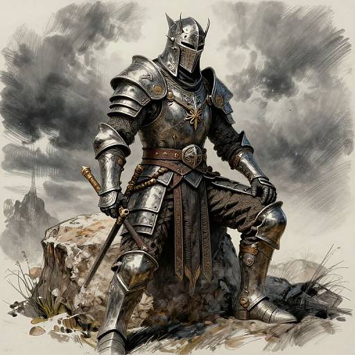 Digital painting of a knight in full medieval armor, seated on a rock, holding a sword, under a stormy sky.