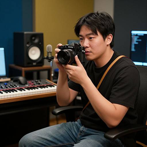 Photograph of an Asian man with short black hair, wearing a black t-shirt and jeans, focused on his camera in a recording studio with music equipment