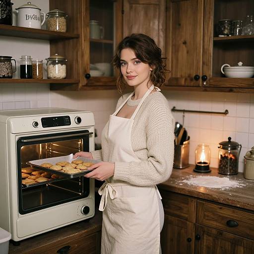 Photograph of a smiling brunette woman in a white apron and knit sweater, placing cookies in a vintage oven in a cozy, wooden kitchen.