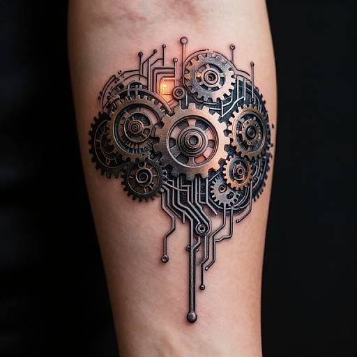 Cybernetic heart tattoo on forearm, featuring black gears, cogs, and circuitry, with an orange glowing center, set against a dark